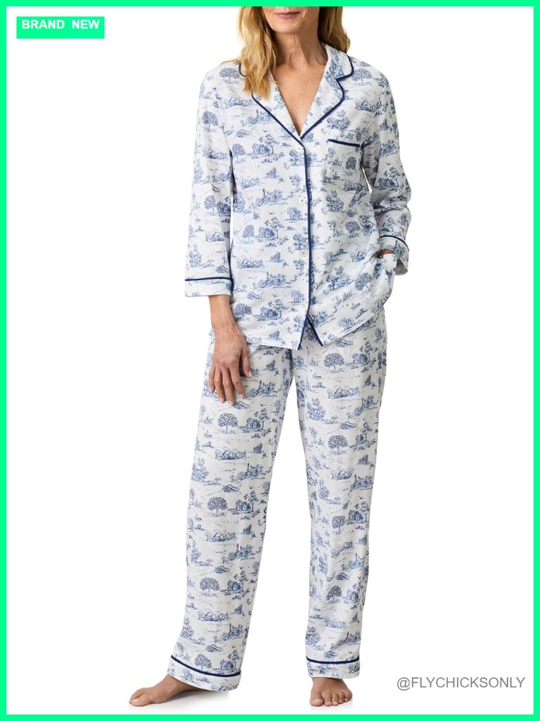Pajama Set - 100% Cotton Jersey - 3/4 Sleeve - Button Down Top - Full Length